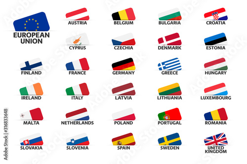 Set the flags of European Union countries, member states of EU, vector illustration isolated on white background