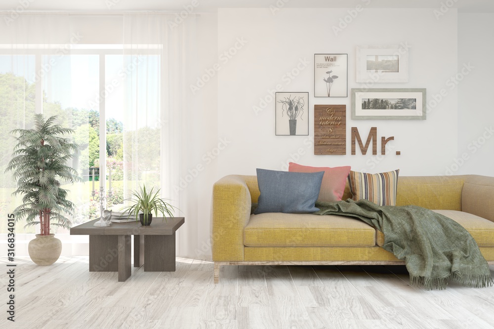 Fototapeta premium Stylish room in white color with sofa. Scandinavian interior design. 3D illustration