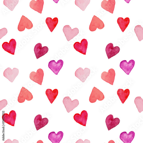 vector seamless pattern of watercolor painted hearts on white, best for romantic prints, wrapping, fabric and wallpaper
