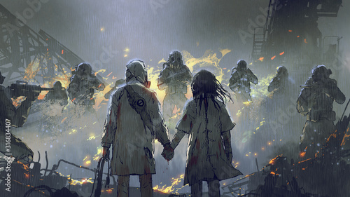lovers holding hands looking at soldiers in the rainy night, digital art style, illustration painting