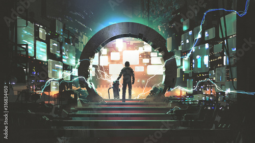 Fototapeta Science-fiction przedstawiająca mężczyznę stojącego przed futurystycznym portalem ścienna