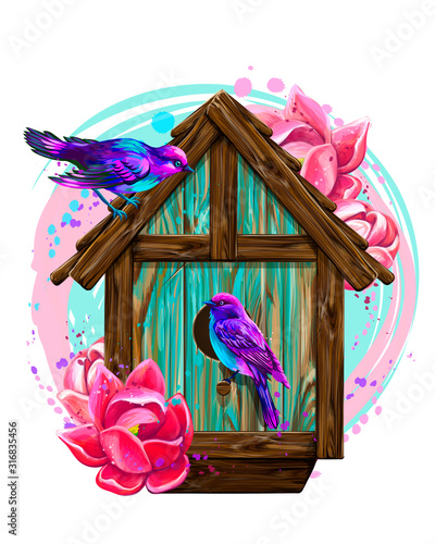 Birdhouse with flowers and birds. Wall sticker. Artistic, color, hand-drawn image of a birdhouse with birds and flowers in watercolor style on a white background.