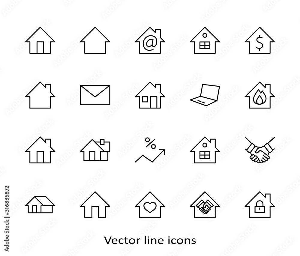 Fototapeta premium Set of House Vector Home Line Icons. Contains symbols of Conclusion of Contract, Heart, Drop of water, fire, money and more. Editable Stroke. 32x32 pixels.