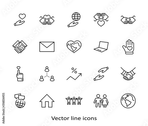 International Day of Human Solidarity Line Vector Icons Set. Contains such Icons as Handshake, Heart, planet Earth, helping Hand, People and more. Editable Stroke. 32x32 Pixels
