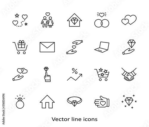 International Jeweler Day Set Line Vector Icons. Contains such Icons as Love, Heart, Hand, Family, Wedding Rings, Diamond, Jewelry store, Gift, Basket and more. Editable Stroke. 32x32 Pixels