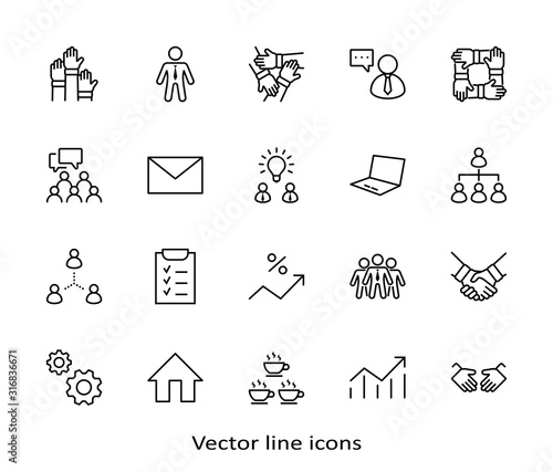 Set of Team Work Related Vector Line Icons. Contains such Icons as Handshake, Check, Idea, Coffee, Gears, Cooperation, Collaboration, Team Meeting and more. Editable Stroke. 32x32 Pixels