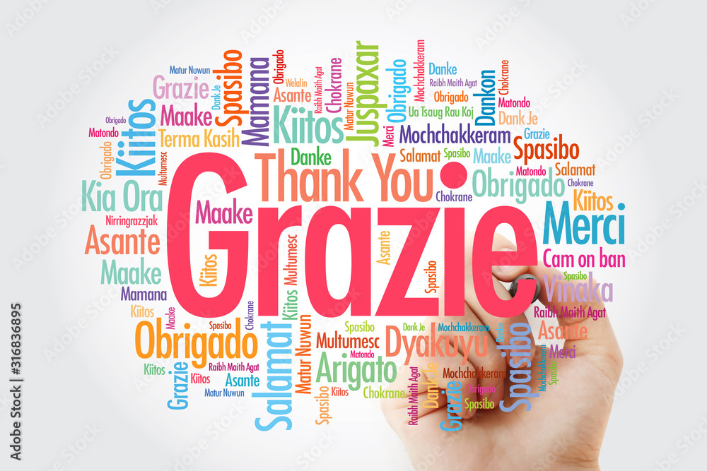 Grazie (Thank You in Italian) word cloud background in different languages with marker Grazie (Thank You in Italian) word cloud background in different languages with marker