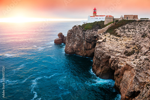 Lighthouse on Cape St. Vincent at sunset, Algarve, Portugal. This is the most South-Western point of Europe