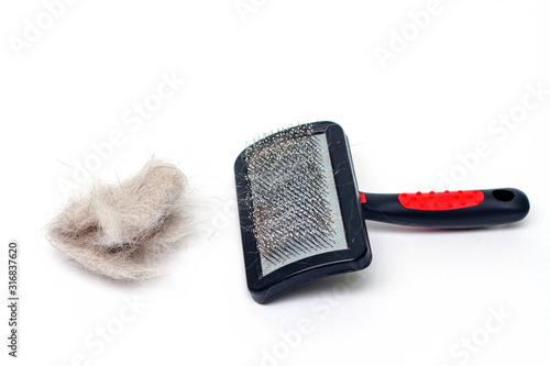 Photography Grooming brush and bunch of animal wool on white background