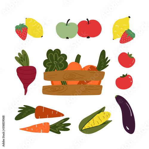 Set of hand drawn local fresh vegetables and fruits in wood packing-box like pumpkin, carrots, apples, strawberry, lettuce, beet and other. Flat vector illustration on isolated background.