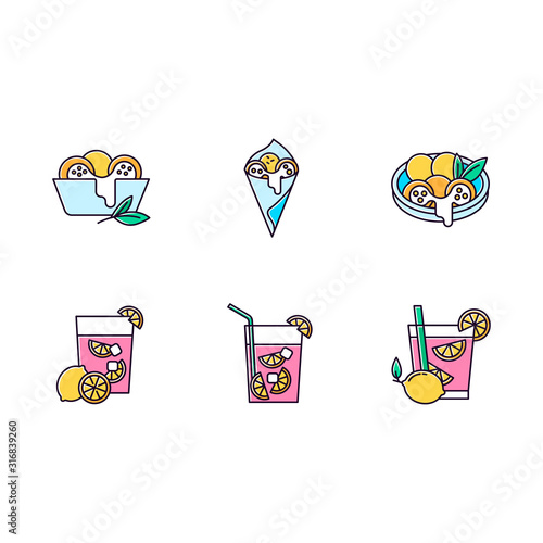 Brazilian cuisine blue RGB color icons set. Arancini. Cheese bread. Caipirinha. Alcoholic beverage with lime. Traditional food and cocktail. Isolated vector illustrations