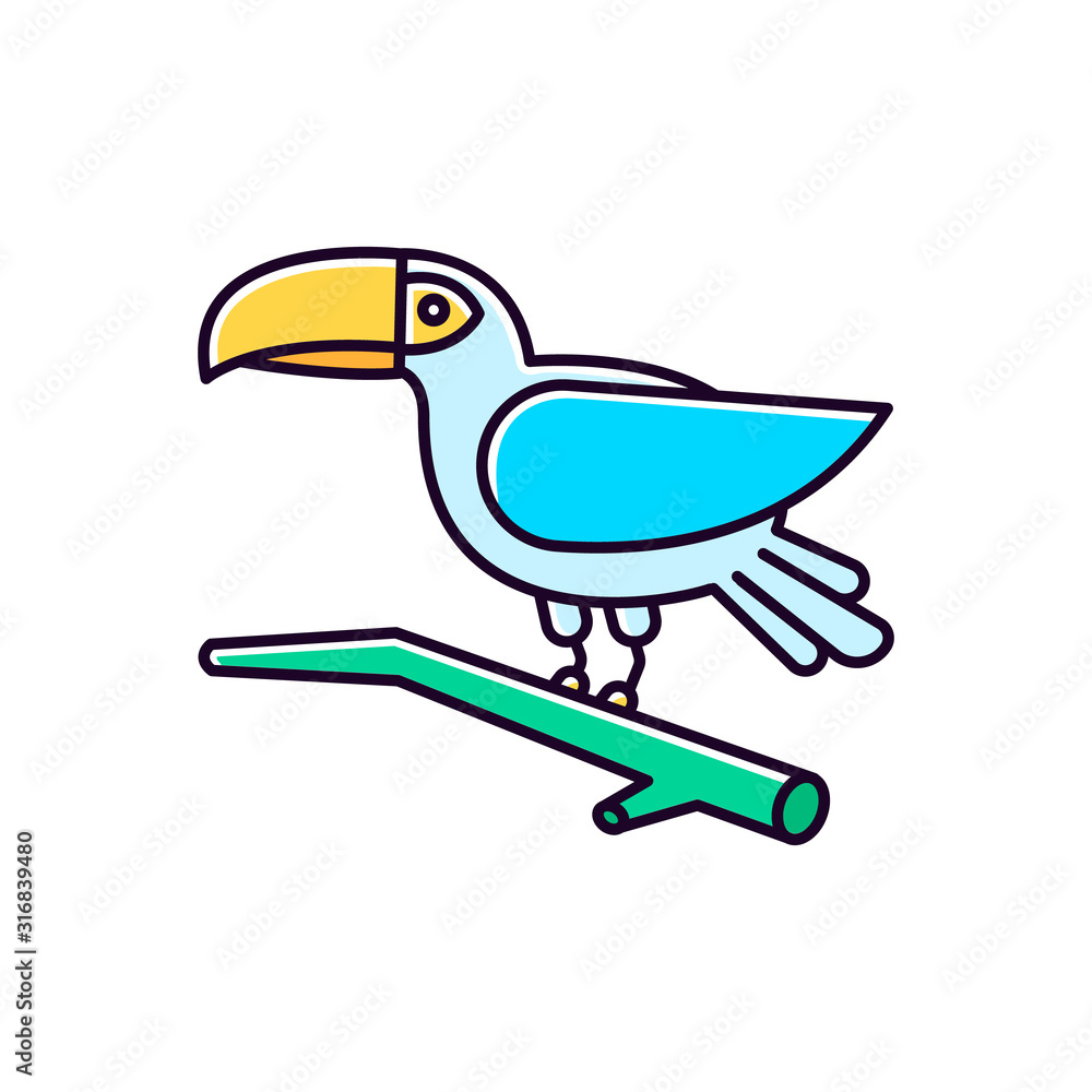 Obraz premium Toucan blue RGB color icon. Exotic bird. Brazilian fauna. Wildlife. Tropical birdie. Ornithology. South America wild animal. Isolated vector illustration