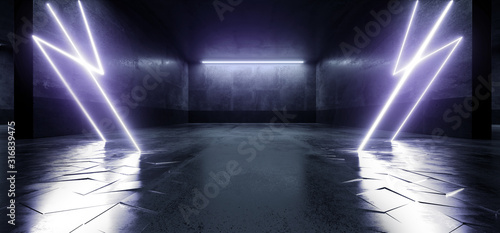 Fototapeta Naklejka Na Ścianę i Meble -  Thunderbolt Lightning Neon Glowing Laser Beam Pantone Blue Reflective Vibrant Concrete Showcase Garage Car Room Parking Underground Warehouse Hallway 3D Rendering