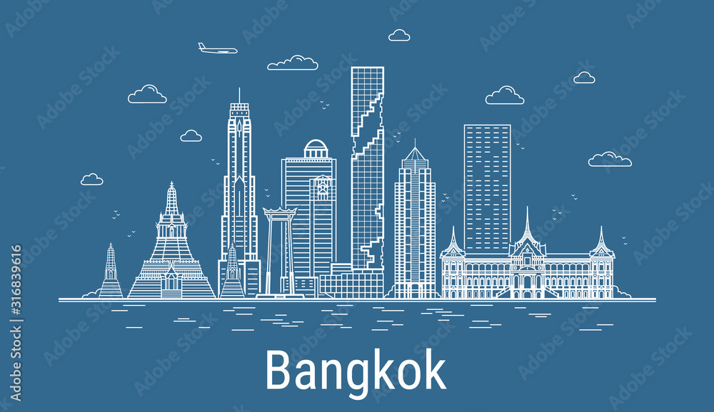 Naklejka Grafika liniowa miasta Bangkok Ilustracja wektorowa ze wszystkimi słynnymi budynkami. Pejzaż miejski.