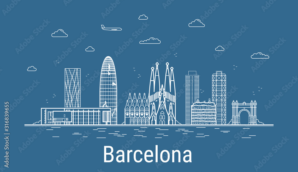 Barcelona city, Line Art Vector illustration with all famous towers. Linear Banner with Showplace. Composition of Modern buildings, Cityscape. Barcelona buildings set. - obrazy, fototapety, plakaty 