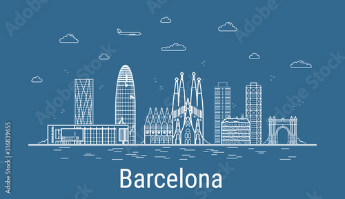 Barcelona city, Line Art Vector illustration with all famous towers. Linear Banner with Showplace. Composition of Modern buildings, Cityscape. Barcelona buildings set.