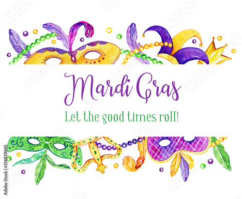 Tela Mardi Gras border with traditional objects on top and bottom