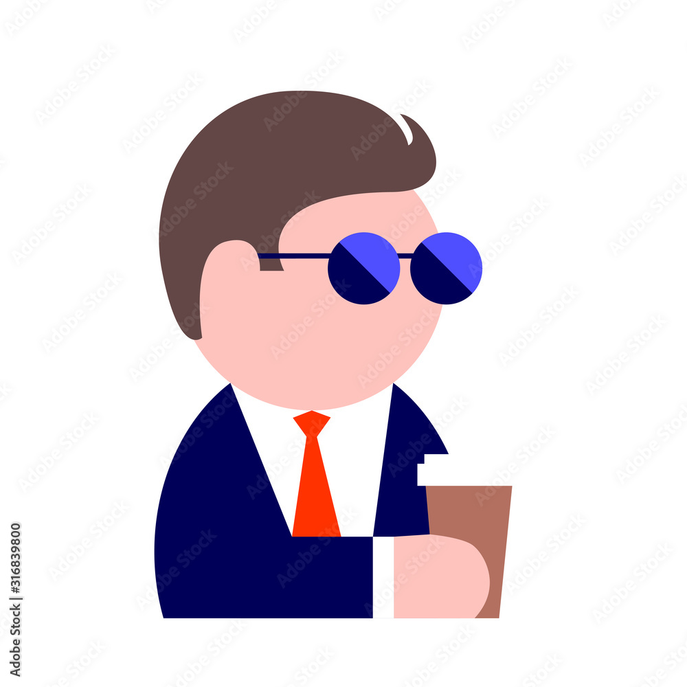 Drawing of a business man wearing sunglasses, a tie and with a cup of coffee.