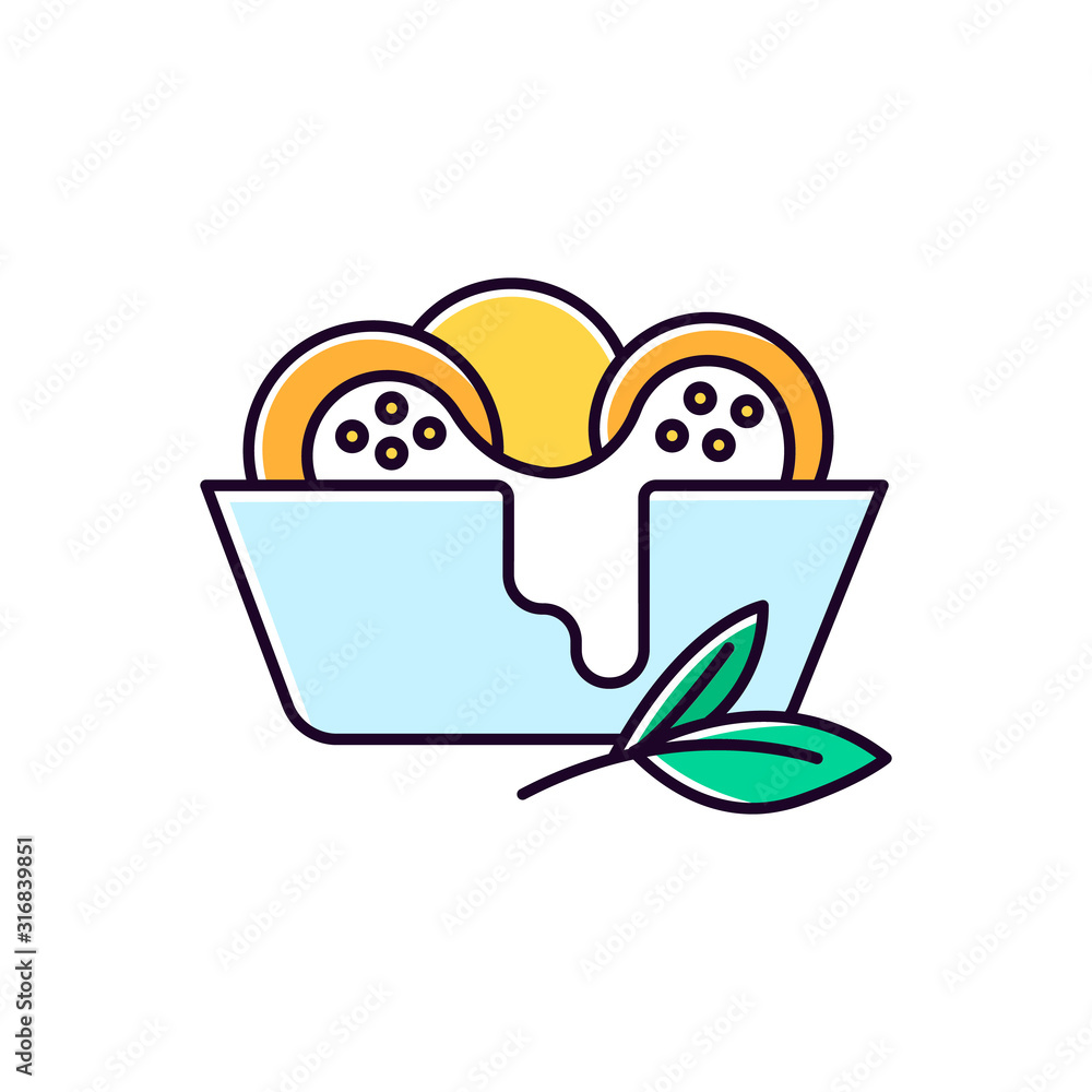 Naklejka premium Cheese bread blue RGB color icon. Arancini. P?o de queijo. Brazilian traditional food. National cuisine. Bakery product with leaves. Brazil meal. Isolated vector illustration
