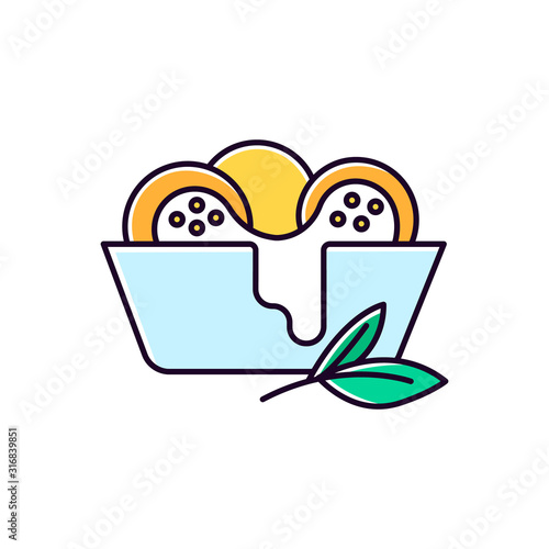 Cheese bread blue RGB color icon. Arancini. P?o de queijo. Brazilian traditional food. National cuisine. Bakery product with leaves. Brazil meal. Isolated vector illustration