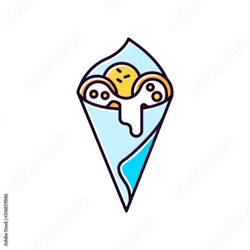 Cheese bread blue RGB color icon. Arancini. P?o de queijo. Brazilian traditional food. National cuisine. Bakery product in paper. Brazil meal. Isolated vector illustration