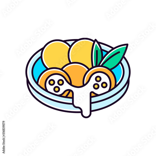 Cheese bread blue RGB color icon. Arancini. P?o de queijo. Brazilian traditional food. National cuisine. Bakery product in plate. Brazil meal. Isolated vector illustration