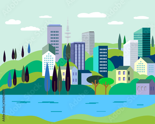 City landscape with high-rise buildings, TV tower, hills, river, trees in a flat modern style. Vector illustration.