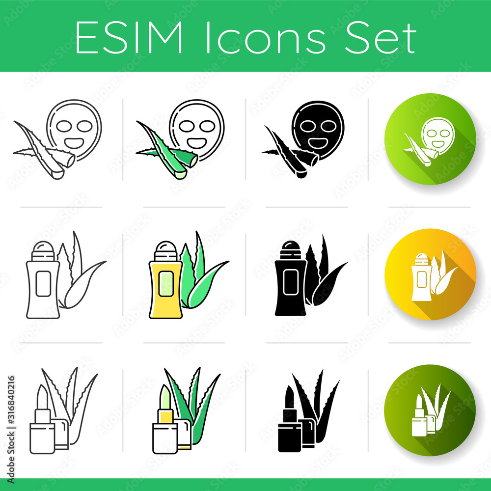 Aloe vera icons set. Facial sheet mask. Natural deodorant. Organic antiperspirant. Hygienical lip balm. Medicinal herbs cosmetic. Linear, black and RGB color styles. Isolated vector illustrations Aloe vera icons set. Facial sheet mask. Natural deodorant. Organic antiperspirant. Hygienical lip balm. Medicinal herbs cosmetic. Linear, black and RGB color styles. Isolated vector illustrations