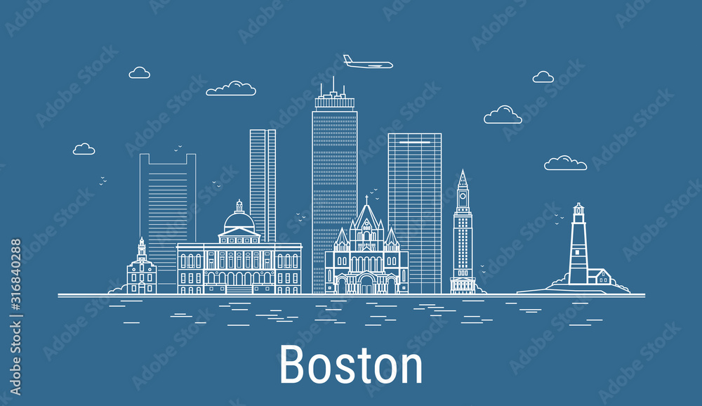 Naklejka Boston city, ilustracja wektorowa sztuki liniowej ze wszystkimi słynnymi budynkami. Baner liniowy z Showplace. Kompozycja nowoczesnych budynków, gród. Zestaw budynków w Bostonie.