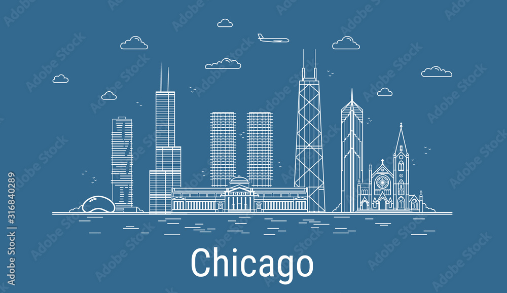 Naklejka Miasto Chicago, ilustracja wektorowa sztuki linii ze wszystkimi słynnymi wieżami. Baner liniowy z Showplace. Kompozycja nowoczesnych budynków, gród. Zestaw budynków w Chicago.
