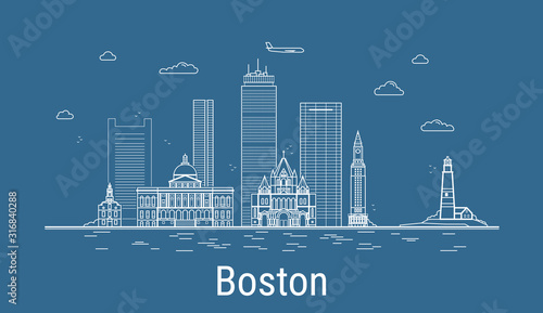 Boston city, Line Art Vector illustration with all famous buildings. Linear Banner with Showplace. Composition of Modern buildings, Cityscape. Boston buildings set.