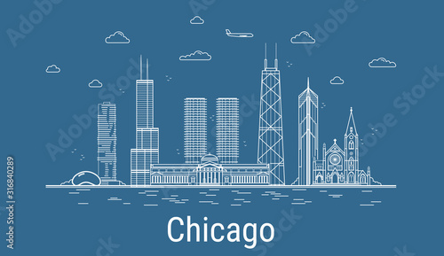 Chicago city, Line Art Vector illustration with all famous towers. Linear Banner with Showplace. Composition of Modern buildings, Cityscape. Chicago buildings set.