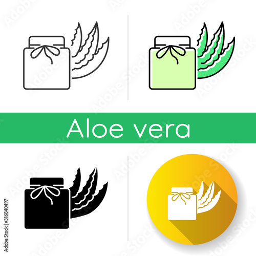 Organic wax icon. Aloe vera cream in jar. Organic lotion with medicinal herbs. Plant based cosmetic. Skincare with healing effect. Linear black and RGB color styles. Isolated vector illustrations
