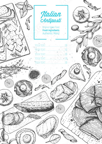 Italian food top view. A set of Italian Antipasti. Food menu design template. Vintage hand drawn sketch vector illustration. Engraved image