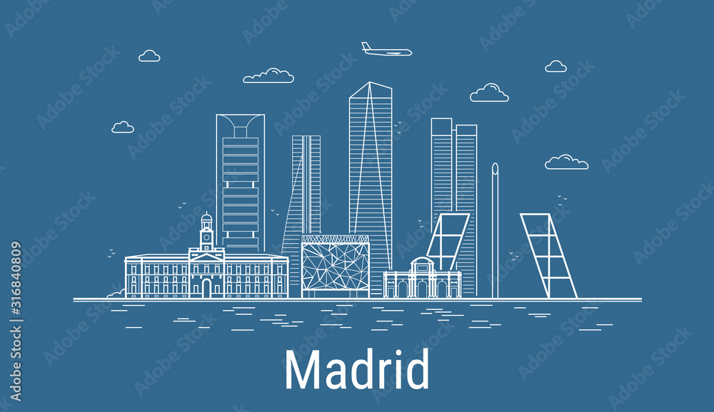 Naklejka Madryt miasto, ilustracja wektorowa sztuki linii ze wszystkimi słynnymi budynkami. Baner liniowy z Showplace. Kompozycja nowoczesnych budynków, gród. Zestaw budynków w Madrycie.