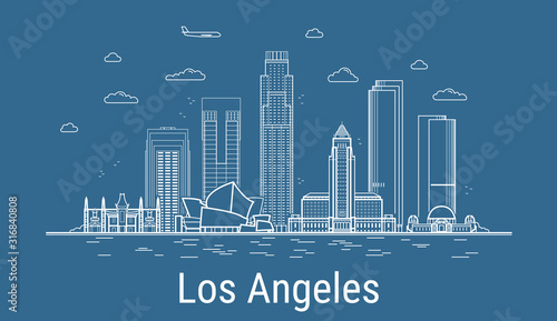 Los Angeles city, Line Art Vector illustration with all famous buildings. Linear Banner with Showplace. Composition of Modern cityscape. Los Angeles buildings set.