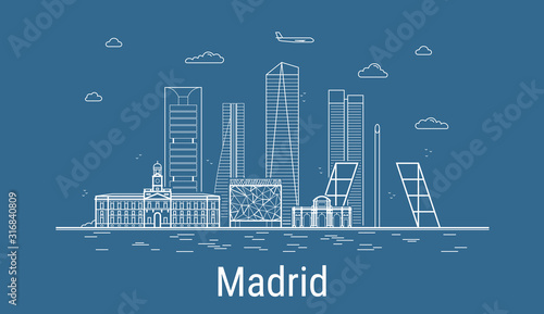 Madrid city, Line Art Vector illustration with all famous buildings. Linear Banner with Showplace. Composition of Modern buildings, Cityscape. Madrid buildings set.