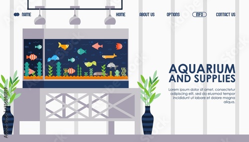 Aquarium for home and office, vector illustration. Landing page template in flat style. Fish tank and aquarium supply store, online shop. Professional interior design with decorative underwater fish