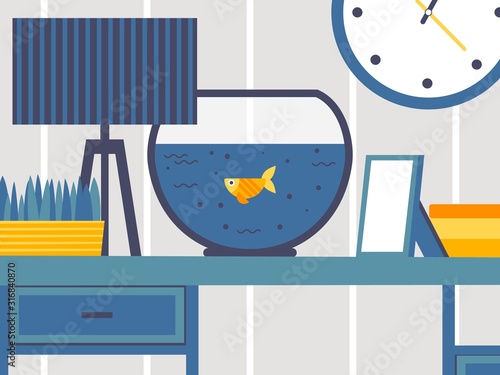 Goldfish swimming in a tabletop aquarium, flat style vector illustration. Interior design, aquatic pets for home or office. Fish tank on table, small decorative cartoon fish in round aquarium indoors