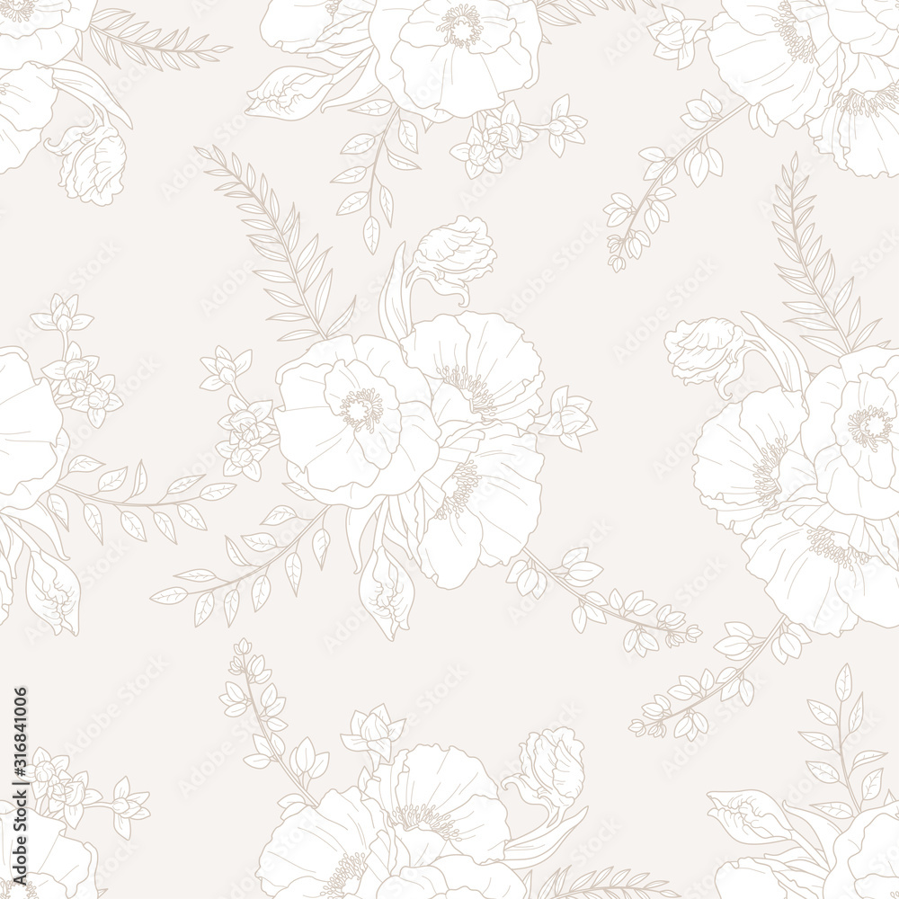 Vector beige outline seamless floral pattern on the cream background