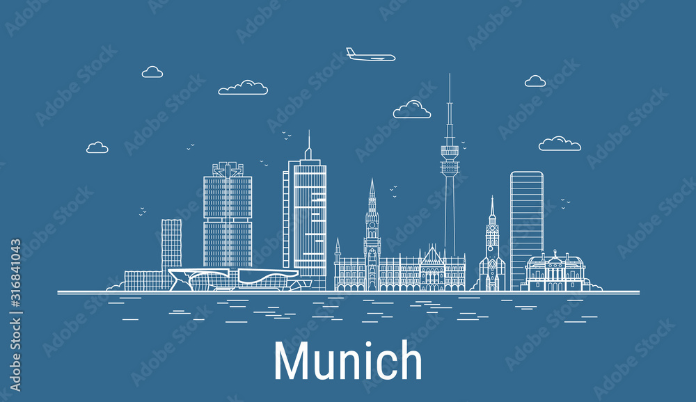 Naklejka Monachium, ilustracja wektorowa sztuki linii ze wszystkimi słynnymi budynkami. Baner liniowy z Showplace. Kompozycja nowoczesnego miasta. Zestaw budynków w Monachium.