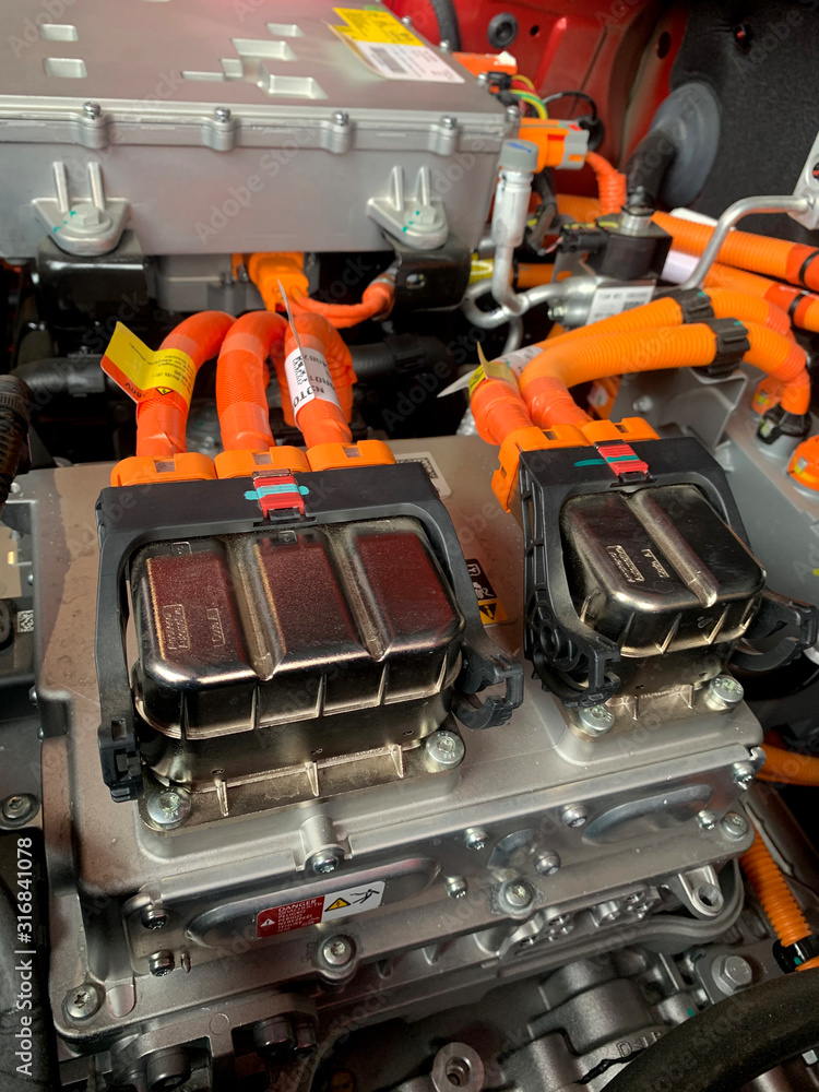 under the hood of electric vehicle emgine, inverter, High voltage