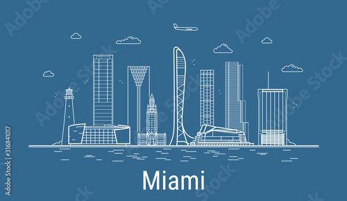 Miami city, Line Art Vector illustration with all famous buildings. Linear Banner with Showplace. Composition of Modern buildings, Cityscape. Miami buildings set.