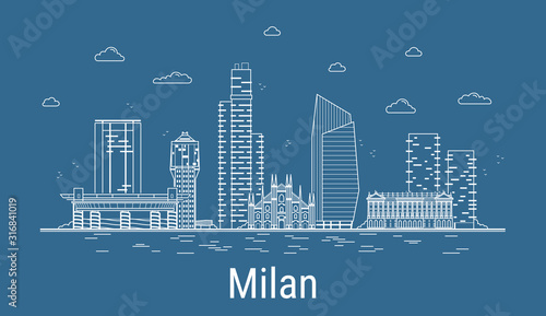 Milan city, Line Art Vector illustration with all famous towers. Linear Banner with Showplace. Composition of Modern buildings, Cityscape. Milan buildings set.