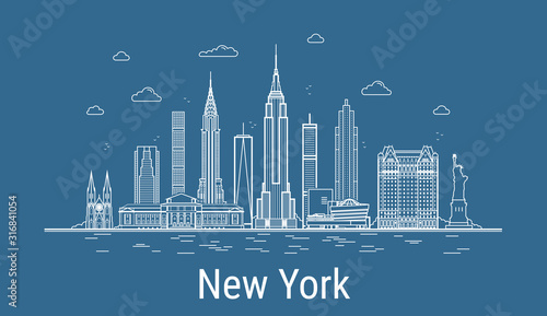 New York city line art vector illustration with famous buildings. Cityscape.
