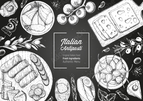 Italian food top view. A set of Italian Antipasti. Food menu design template. Vintage hand drawn sketch vector illustration. Engraved image
