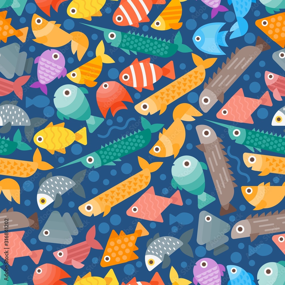 Simple flat style fish seamless pattern, vector illustration. Background with abstract colorful sea creatures, aquarium fish icon. Wrapping paper, fabric print design. Underwater fish geometric shapes