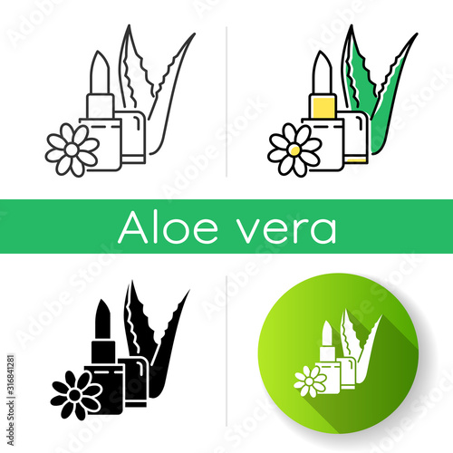 Vegan lipcare icon. Organic lip balm. Natural lipstick with aloe vera. Cosmetic with herbs and flowers. Dermatology and skincare. Linear black and RGB color styles. Isolated vector illustrations
