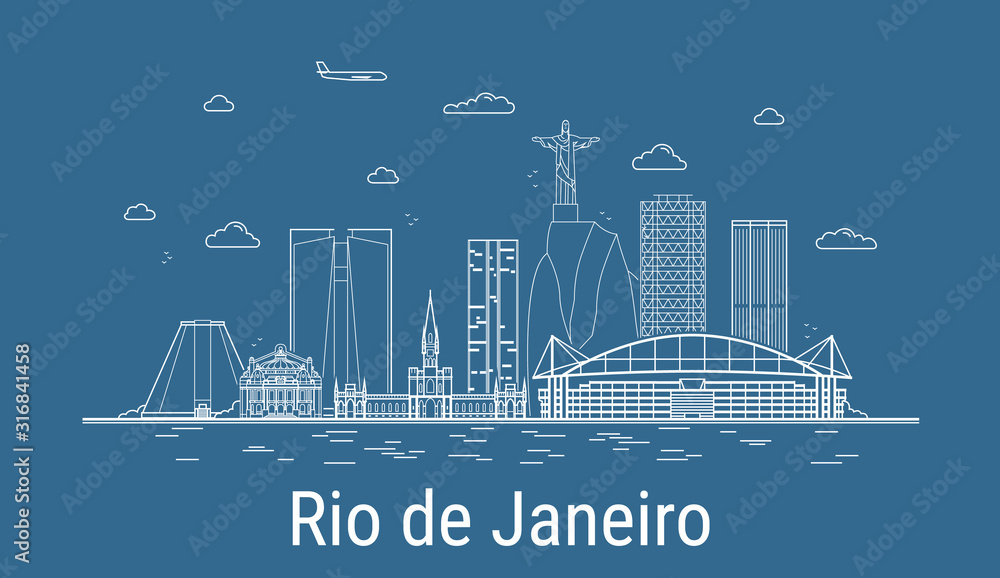 Naklejka Miasto Rio de Janeiro, ilustracja wektorowa sztuki linii ze wszystkimi słynnymi budynkami. Baner liniowy z Showplace. Kompozycja nowoczesnego pejzażu. Zestaw budynków Rio de Janeiro.