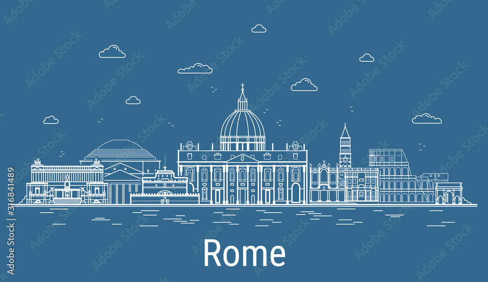 Rome city, Line Art Vector illustration with all famous buildings. Linear Banner with Showplace, Skyscrapers and hotels. Composition of Modern buildings, Cityscape. Rome buildings set.